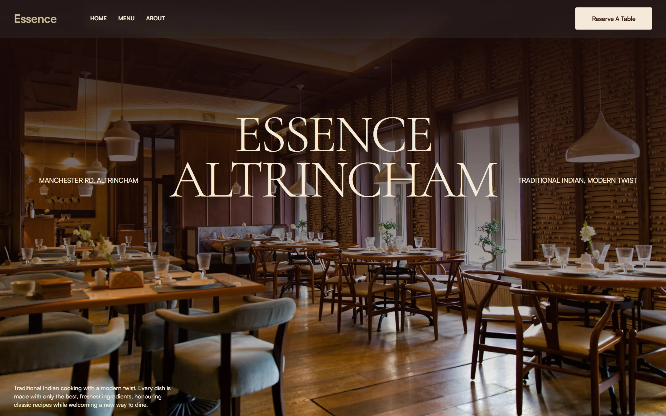 The Essence homepage: a warmly lit dining room with wooden tables behind the name Essence Altrincham