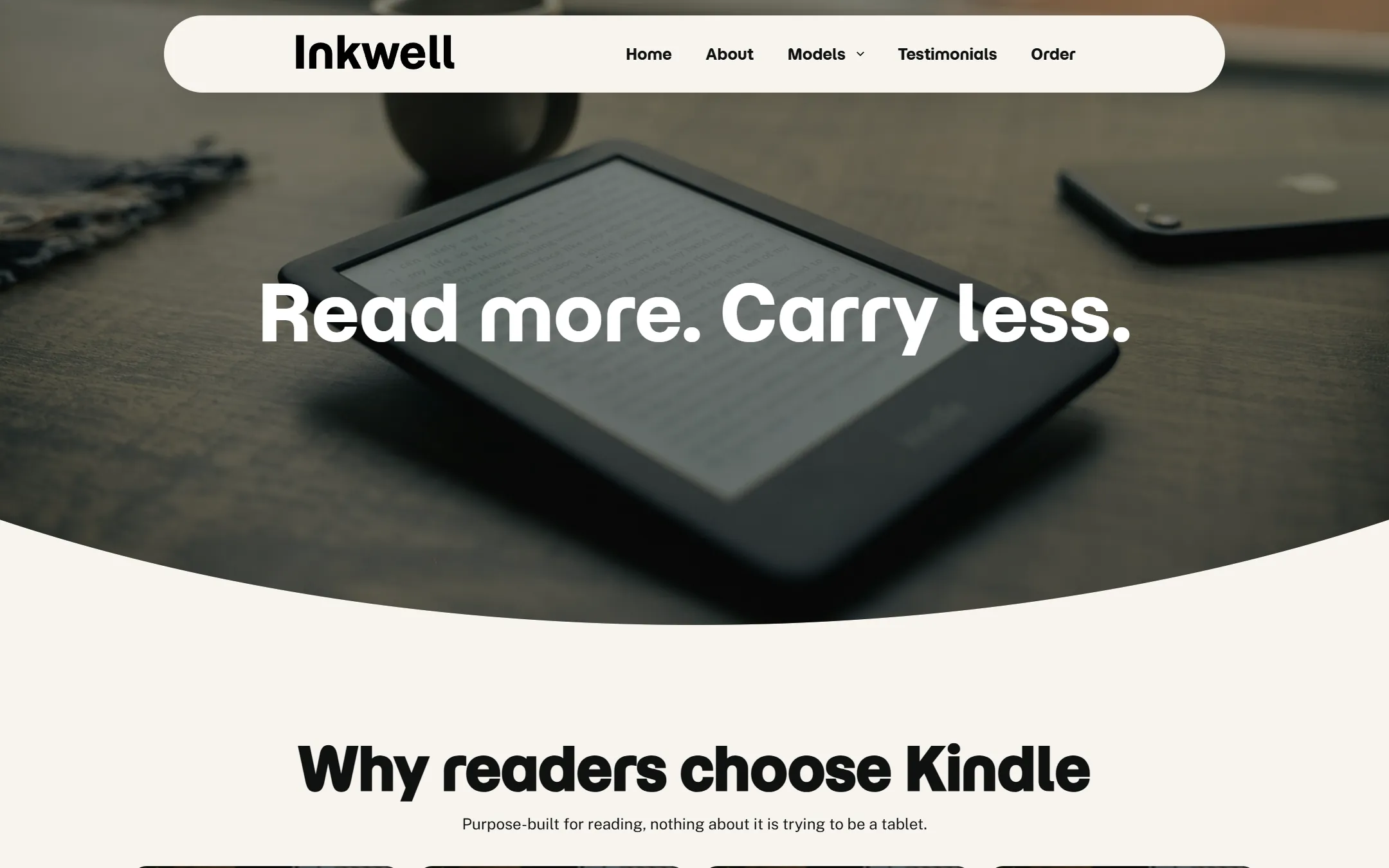 The Inkwell homepage: a Kindle e-reader on a wooden table under the headline Read more. Carry less.