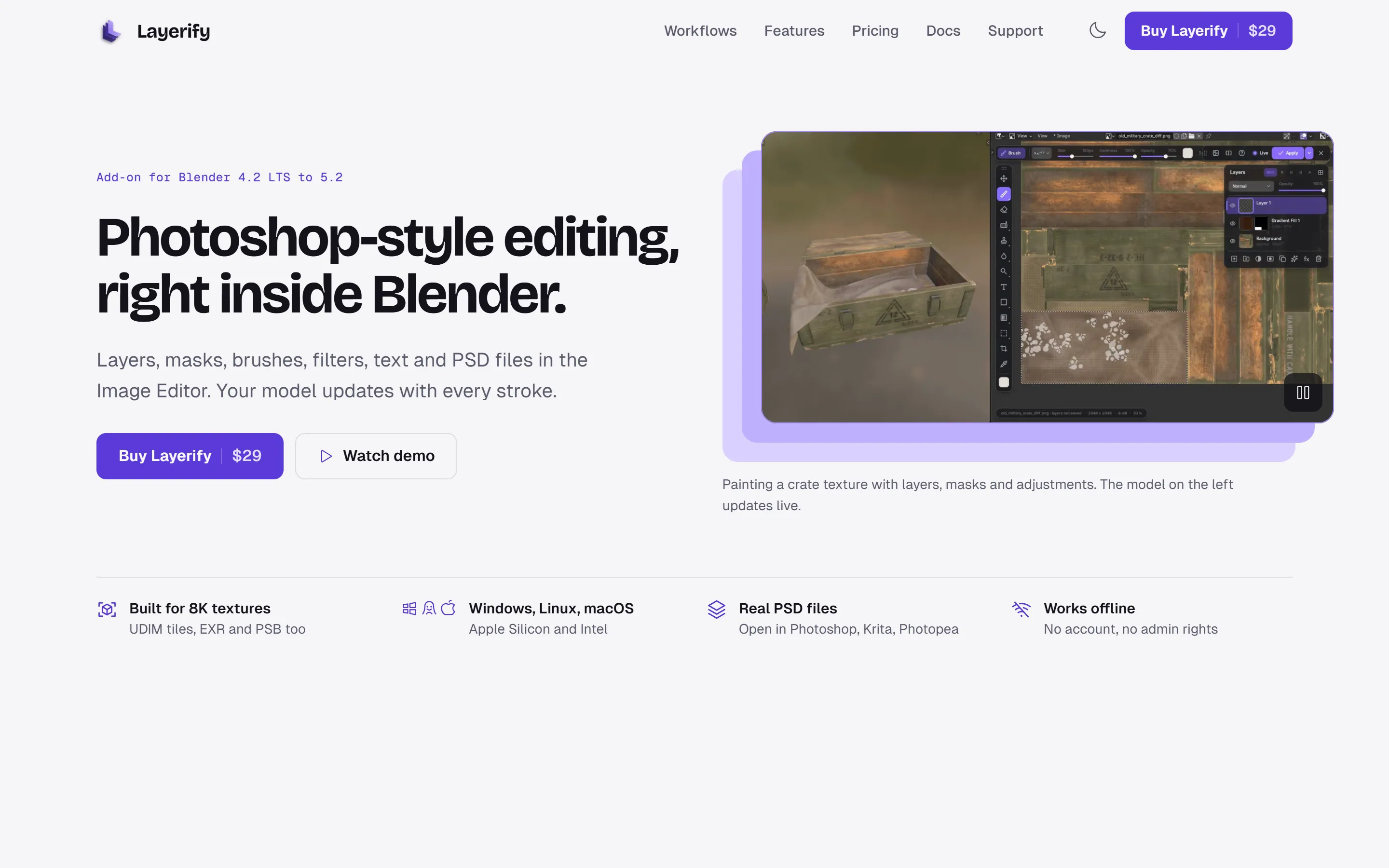 The Layerify homepage: the headline Photoshop-style editing, right inside Blender, beside a screenshot of the add-on painting a crate texture
