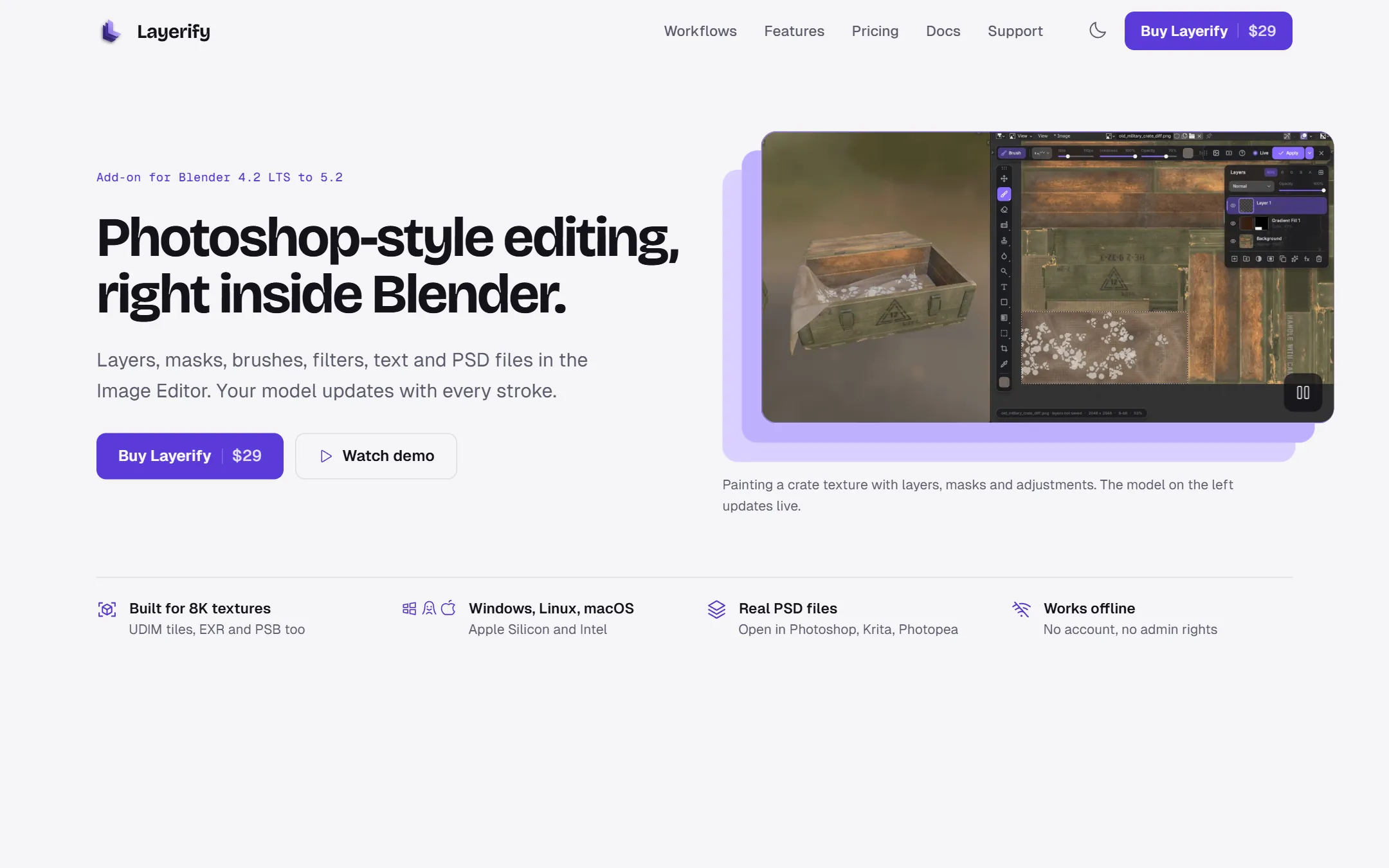 La page d'accueil de Layerify : le titre « Photoshop-style editing, right inside Blender » à côté d'une capture de l'extension qui peint la texture d'une caisse
