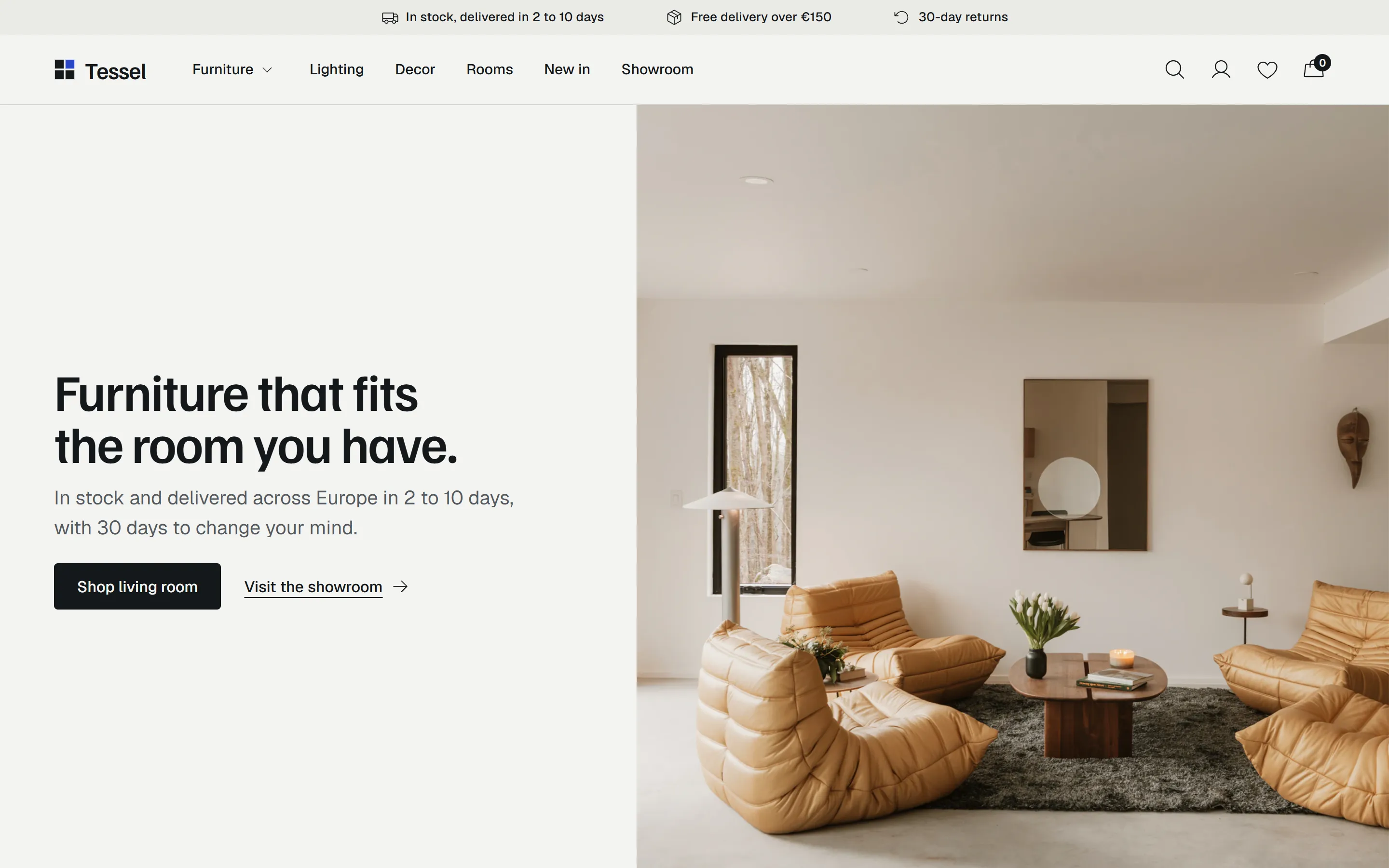 The Tessel homepage: a sunlit living room with leather lounge chairs beside the headline Furniture that fits the room you have