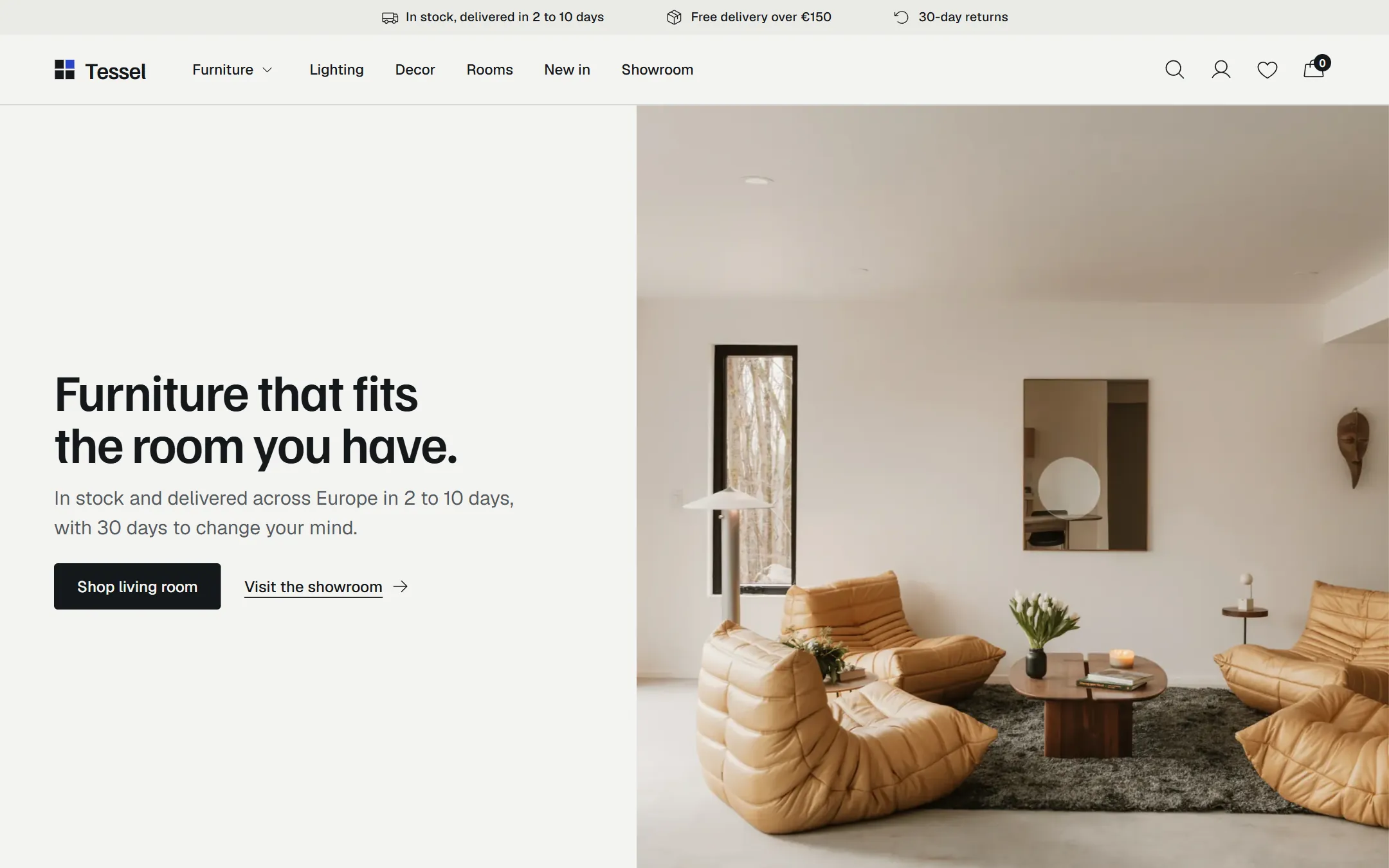 La page d'accueil de Tessel : un salon ensoleillé avec des fauteuils en cuir, à côté du titre « Furniture that fits the room you have »